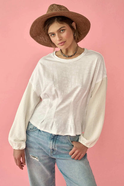 Hopeful Heart Mixed Media Pleated Long-Sleeve Top