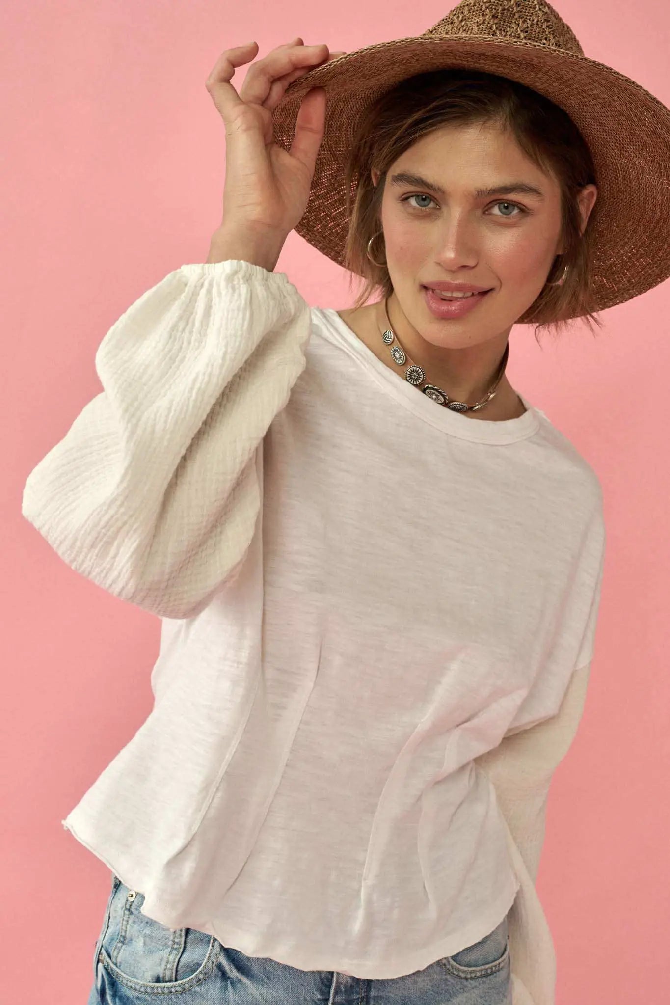 Hopeful Heart Mixed Media Pleated Long-Sleeve Top