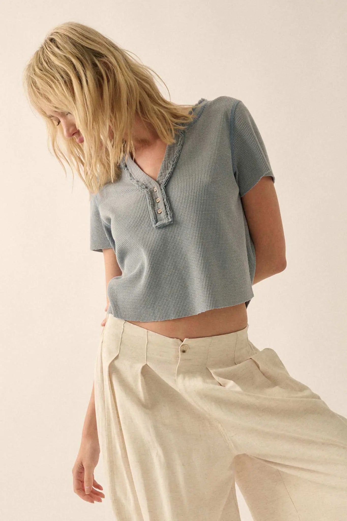 Casually Cool Waffle Knit Raw-Edge Henley Tee