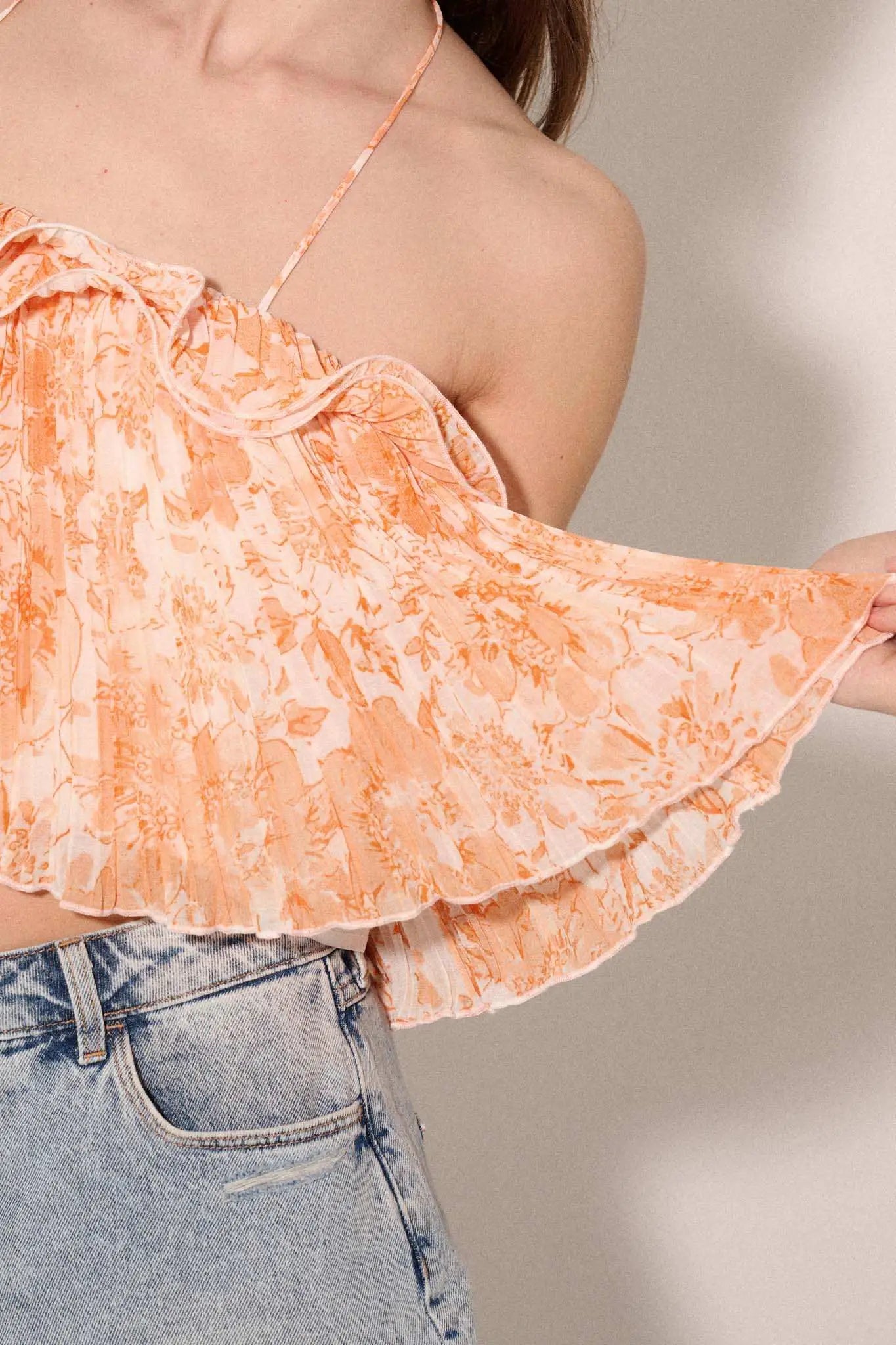 Mystic Petals Pleated Floral Chiffon Halter Top