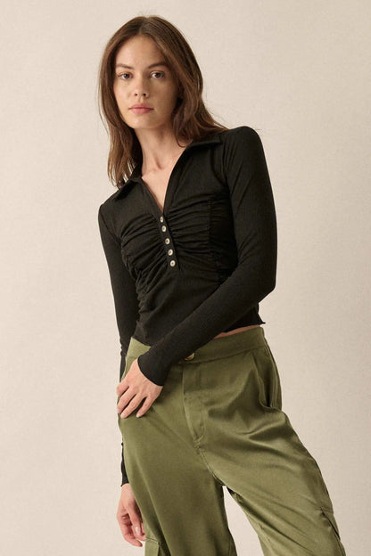 Promise the Label Rib-Knit Ruched Henley Top