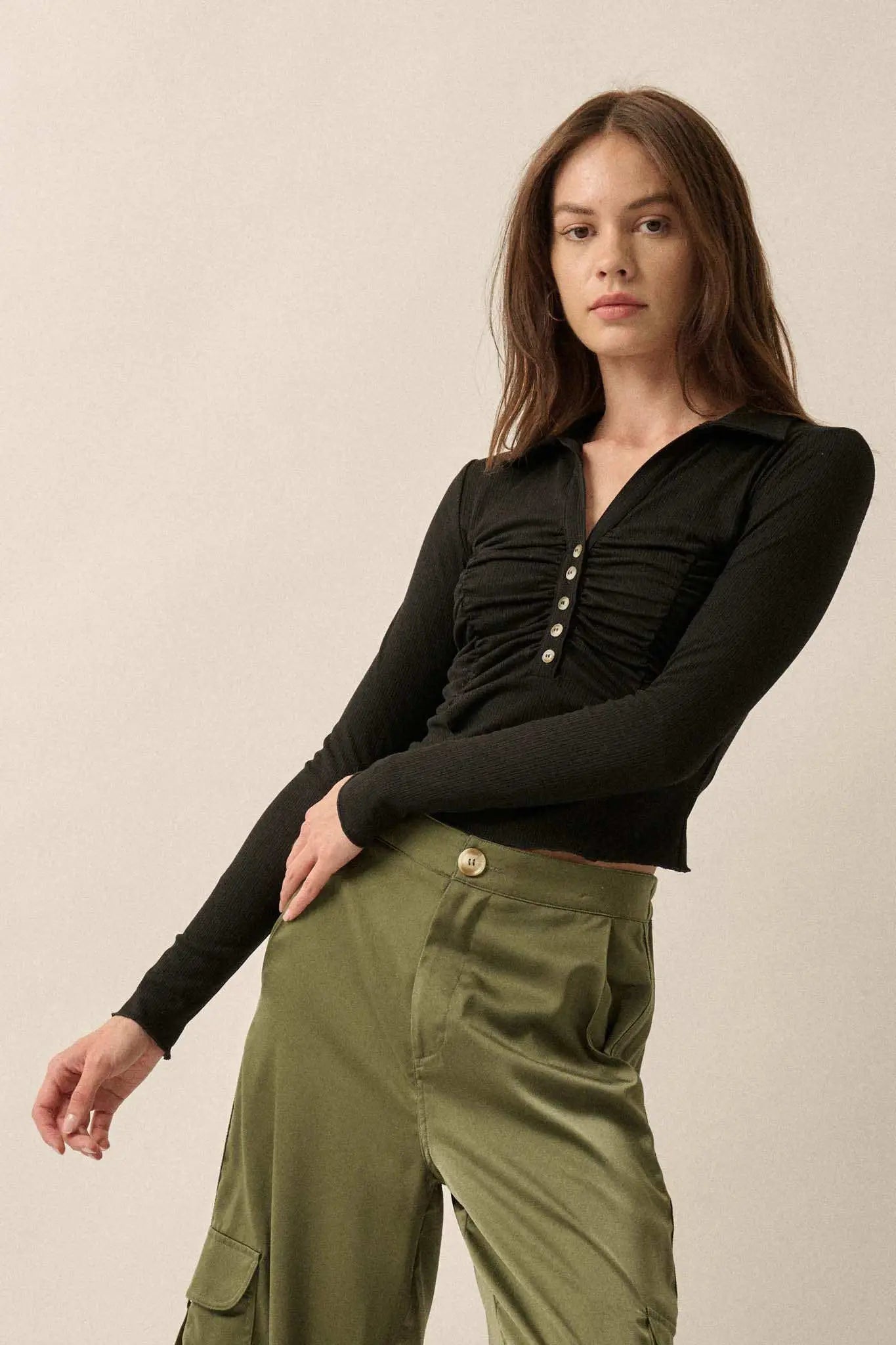 Promise the Label Rib-Knit Ruched Henley Top