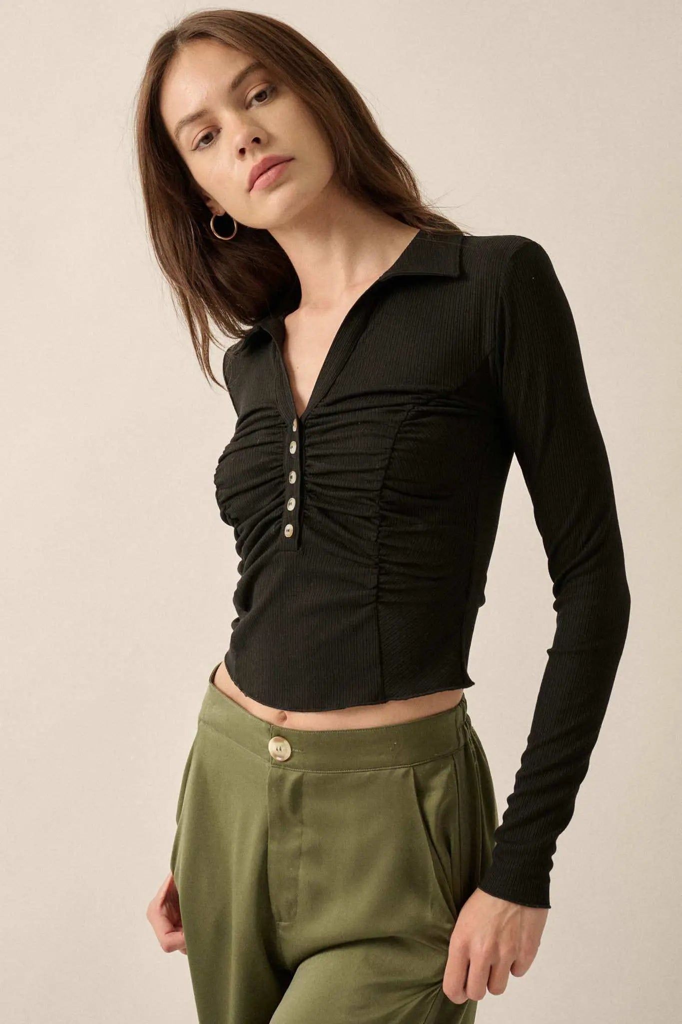 Promise the Label Rib-Knit Ruched Henley Top
