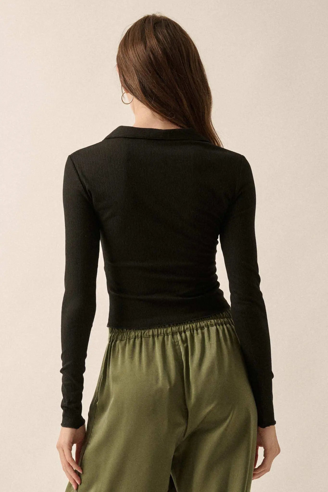 Promise the Label Rib-Knit Ruched Henley Top