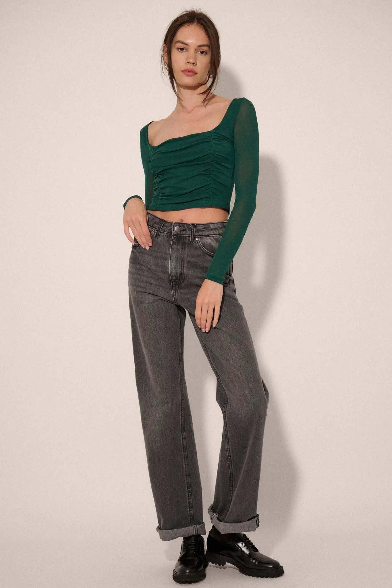 Sheer and Now Ruched Mesh Square Neck Crop Top