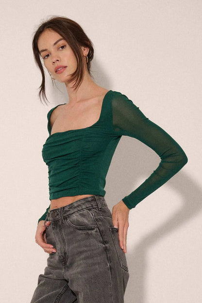 Sheer and Now Ruched Mesh Square Neck Crop Top