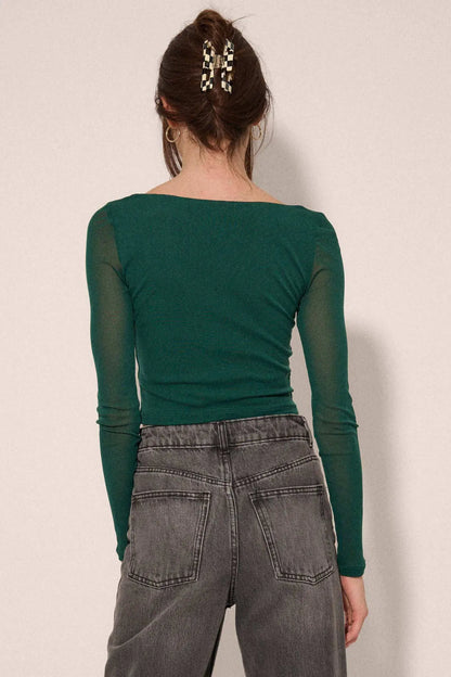 Sheer and Now Ruched Mesh Square Neck Crop Top