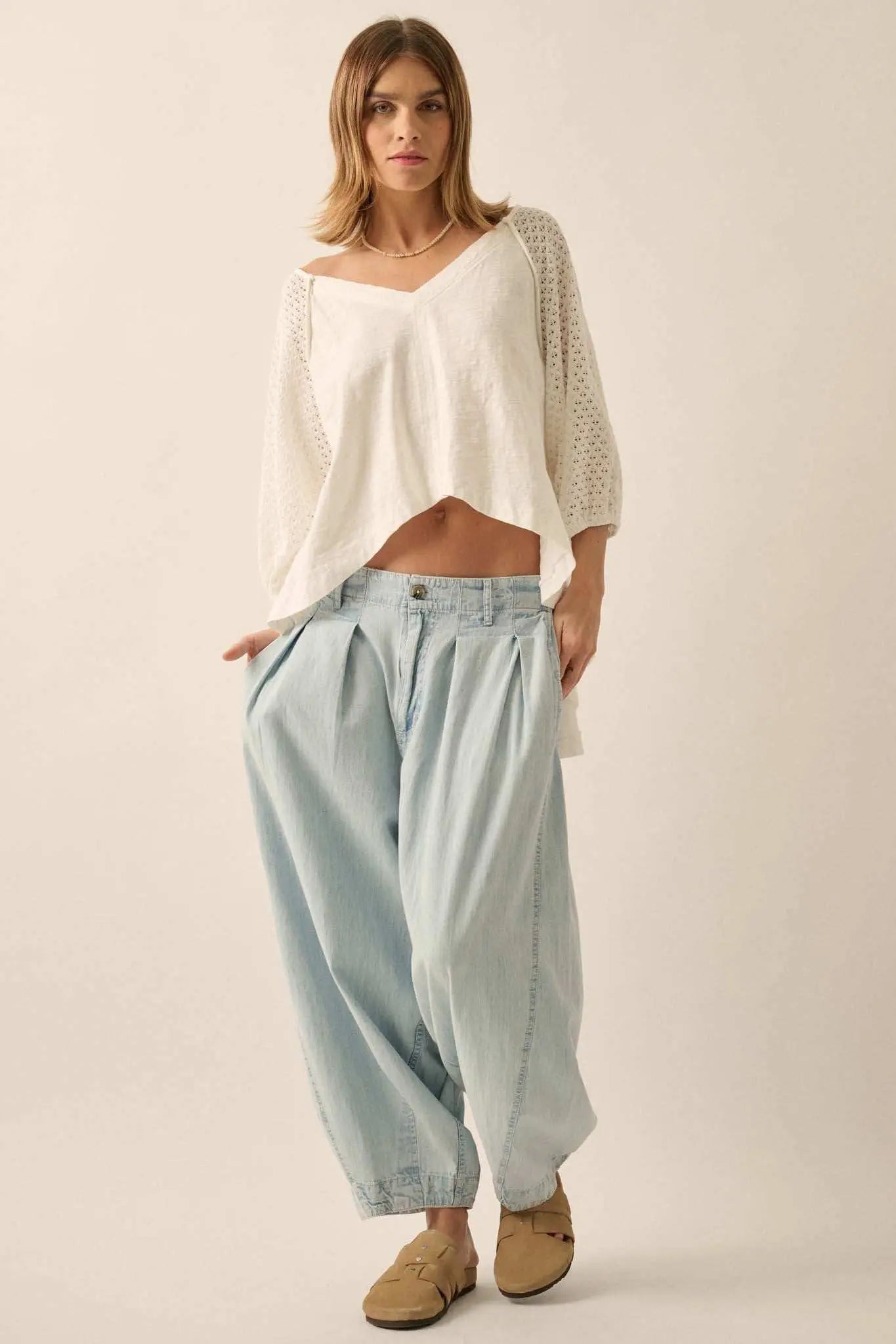 Letting Go Lace-Sleeve Mixed Media High-Low Top