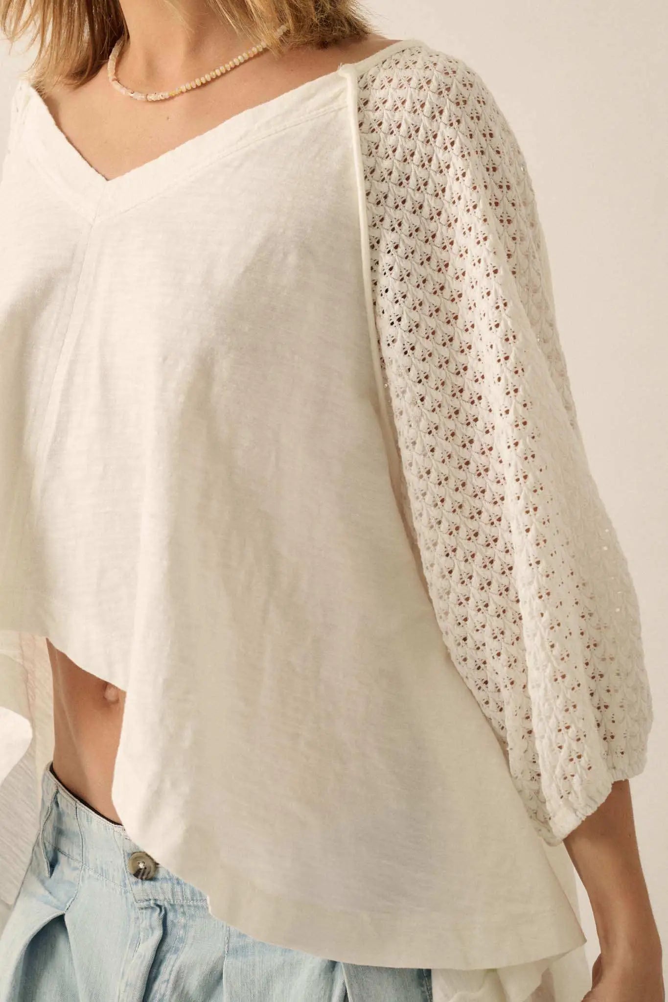 Letting Go Lace-Sleeve Mixed Media High-Low Top