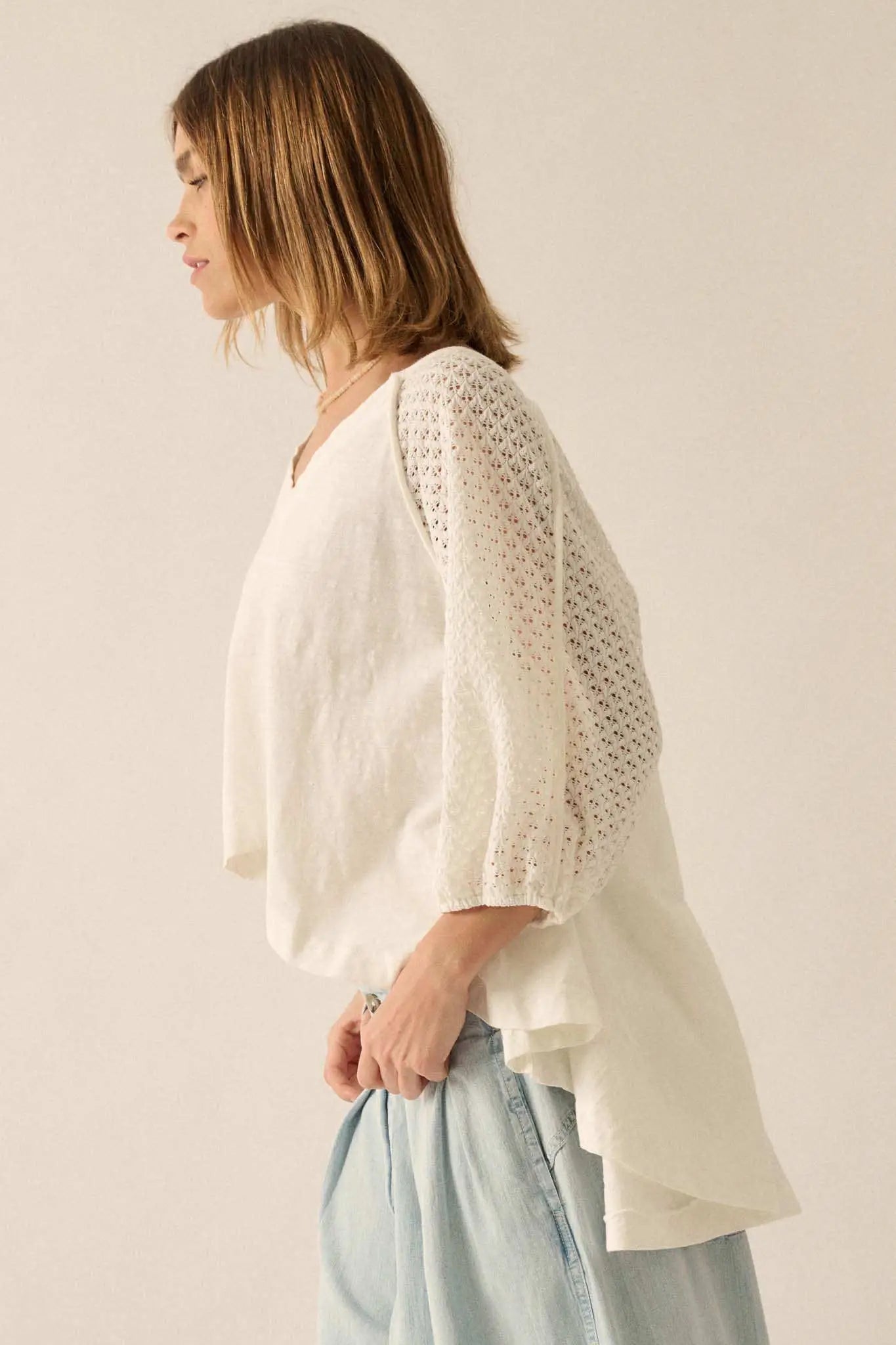 Letting Go Lace-Sleeve Mixed Media High-Low Top