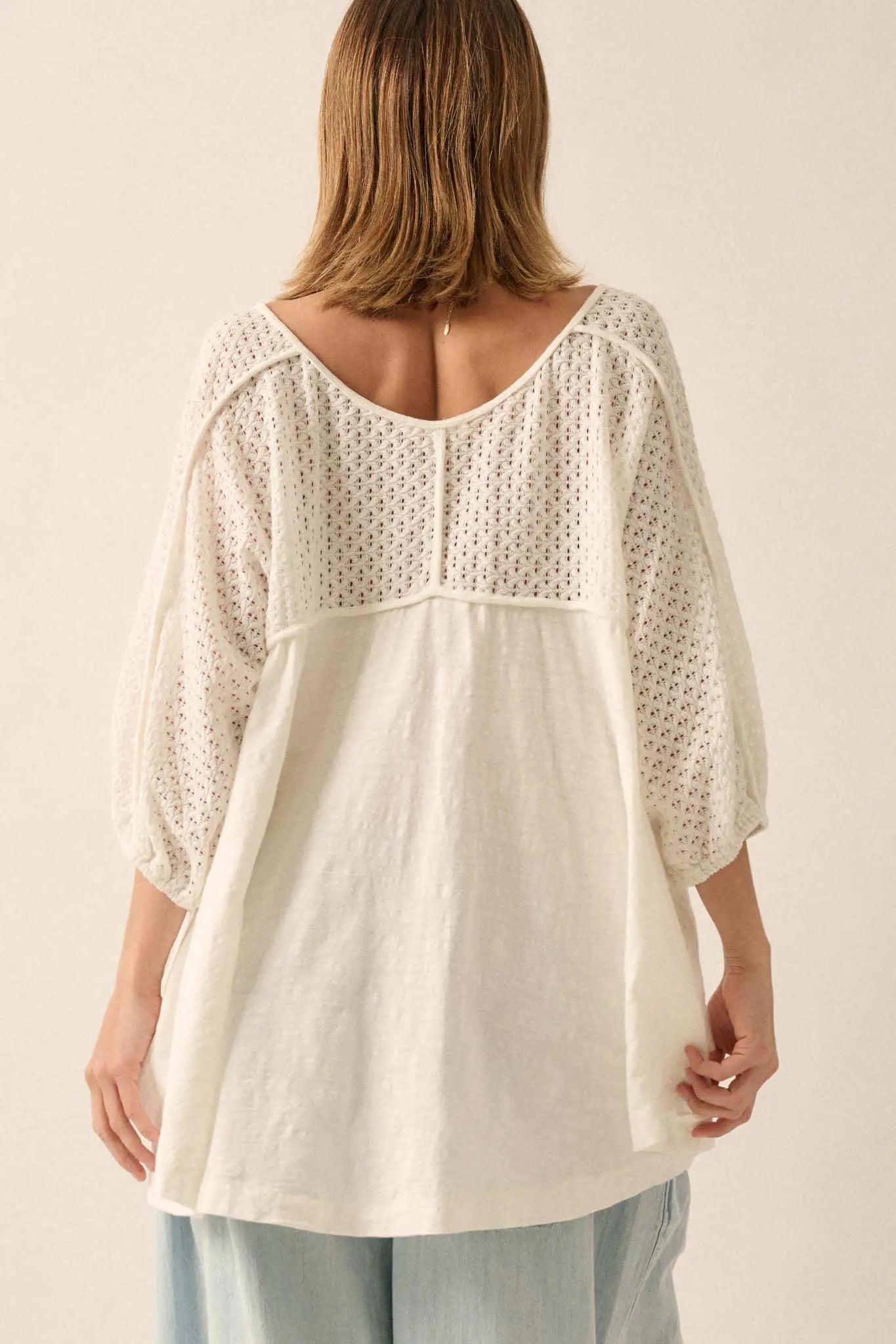 Letting Go Lace-Sleeve Mixed Media High-Low Top