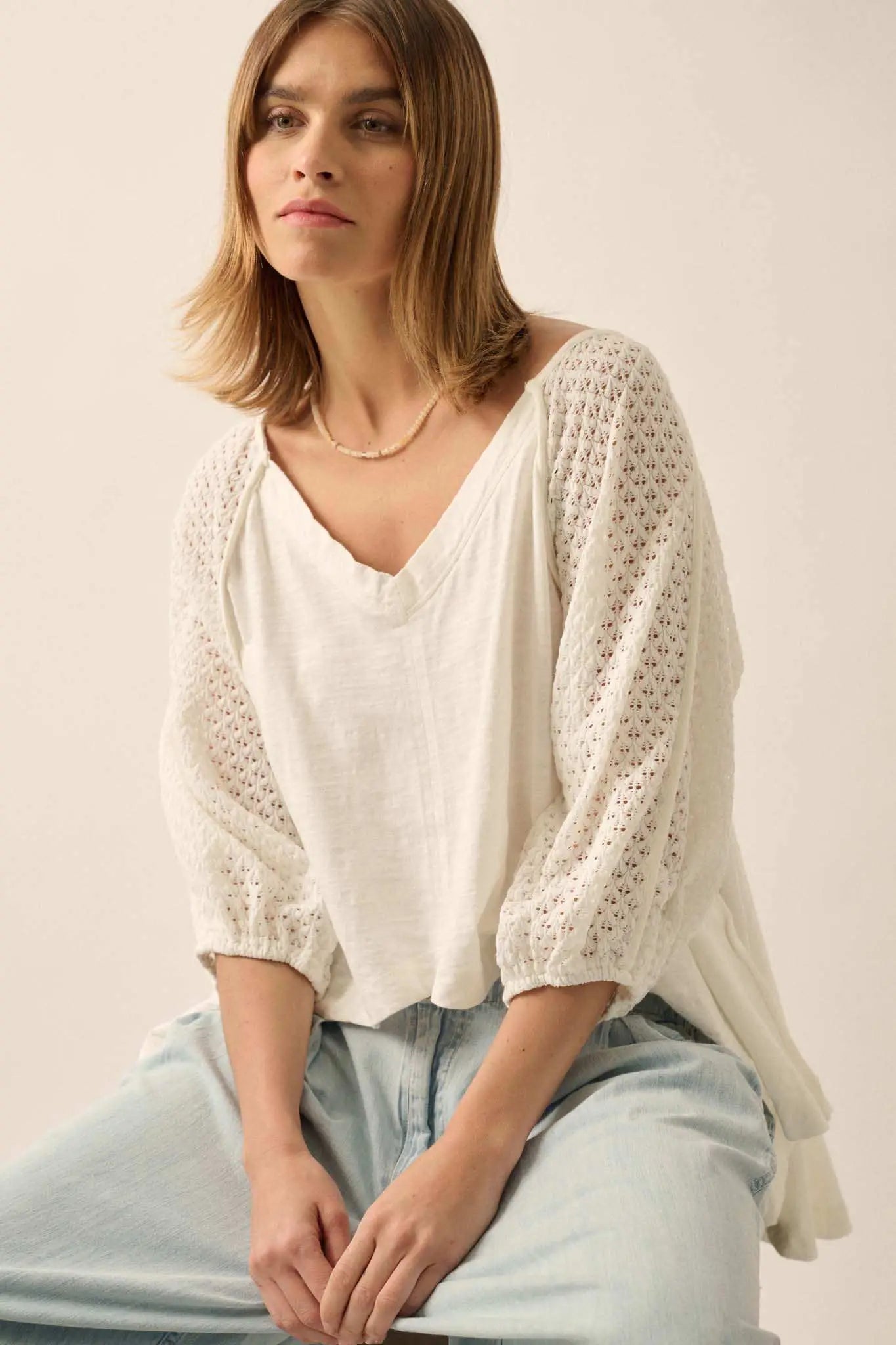 Letting Go Lace-Sleeve Mixed Media High-Low Top