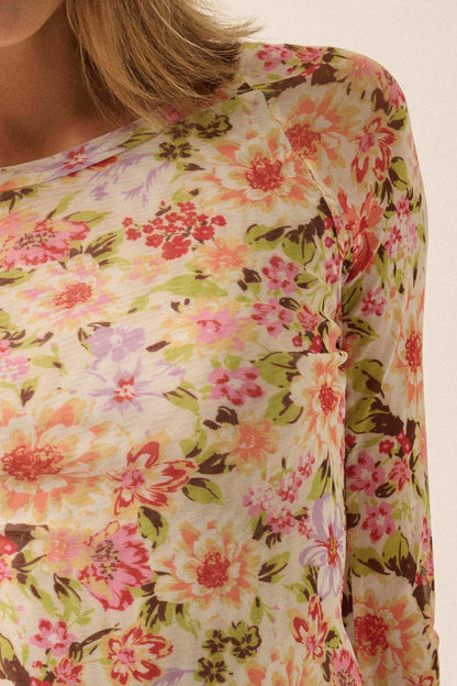 Bold Blossoms Floral Mesh Long-Sleeve Top