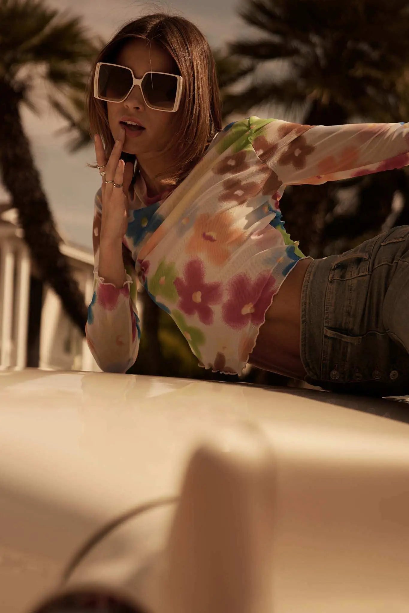 Flower Fest Floral Mesh Long-Sleeve V-Hem Top