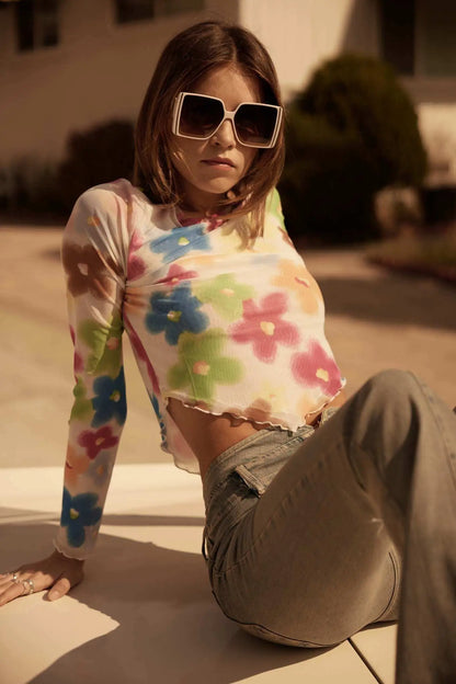Flower Fest Floral Mesh Long-Sleeve V-Hem Top