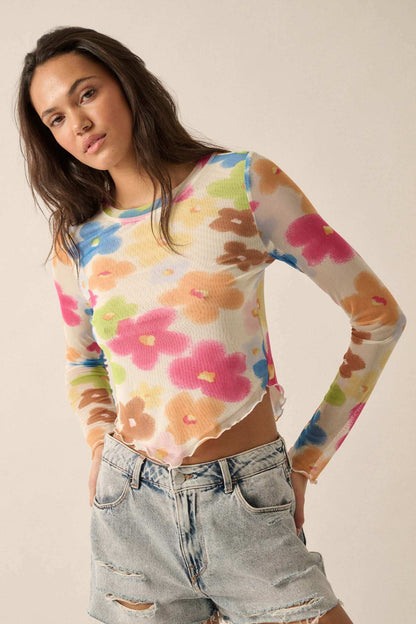 Flower Fest Floral Mesh Long-Sleeve V-Hem Top