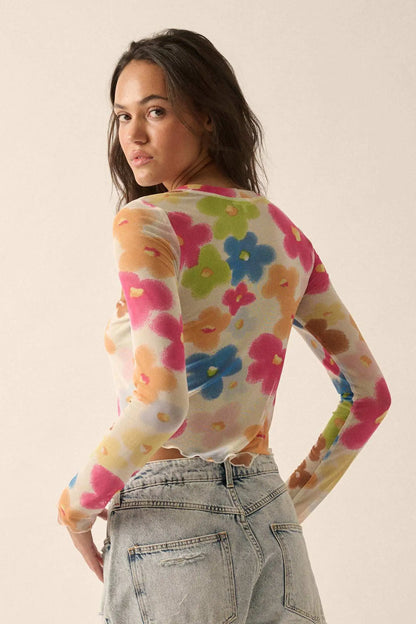 Flower Fest Floral Mesh Long-Sleeve V-Hem Top