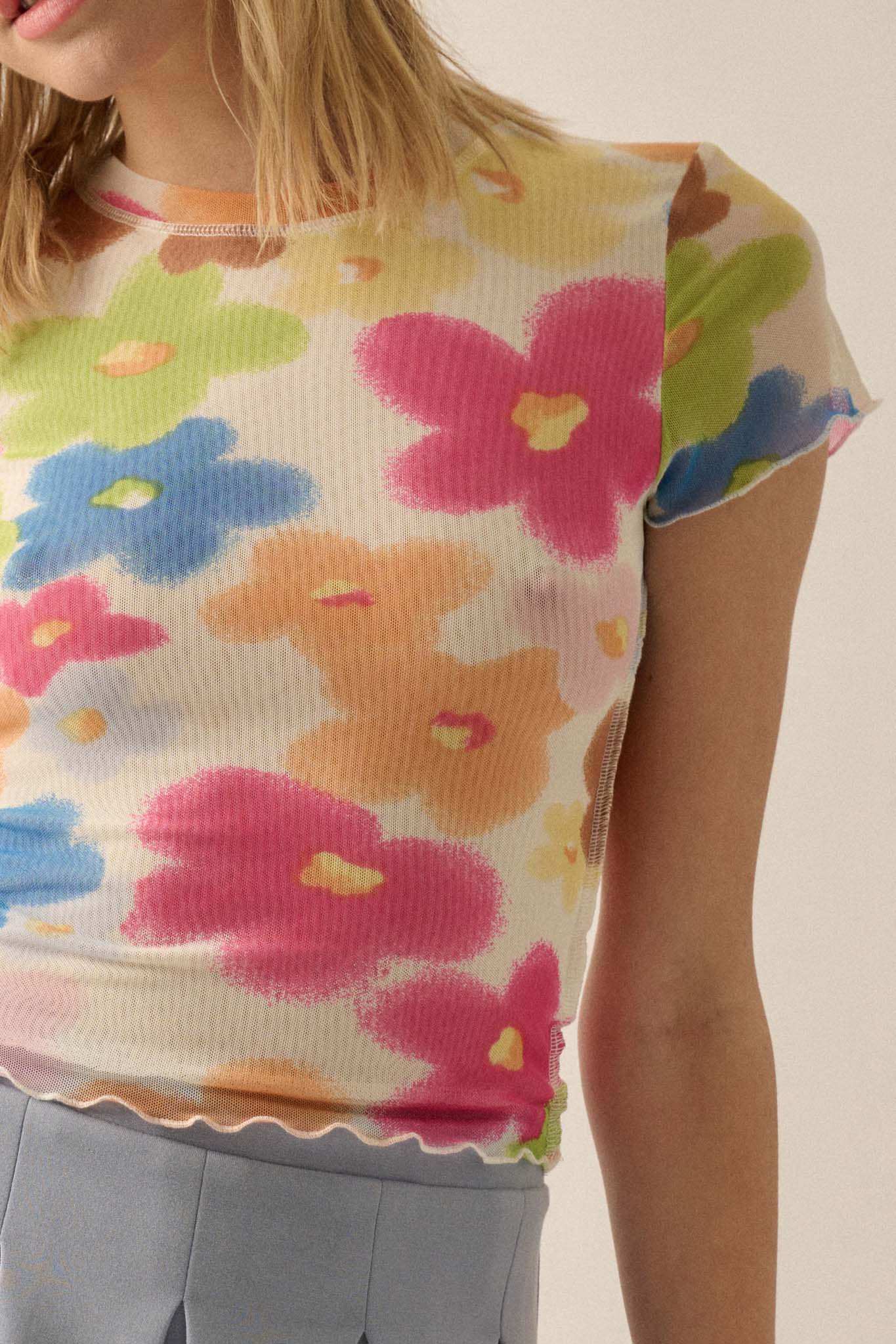 Flower Child Floral Mesh Cropped Baby Tee