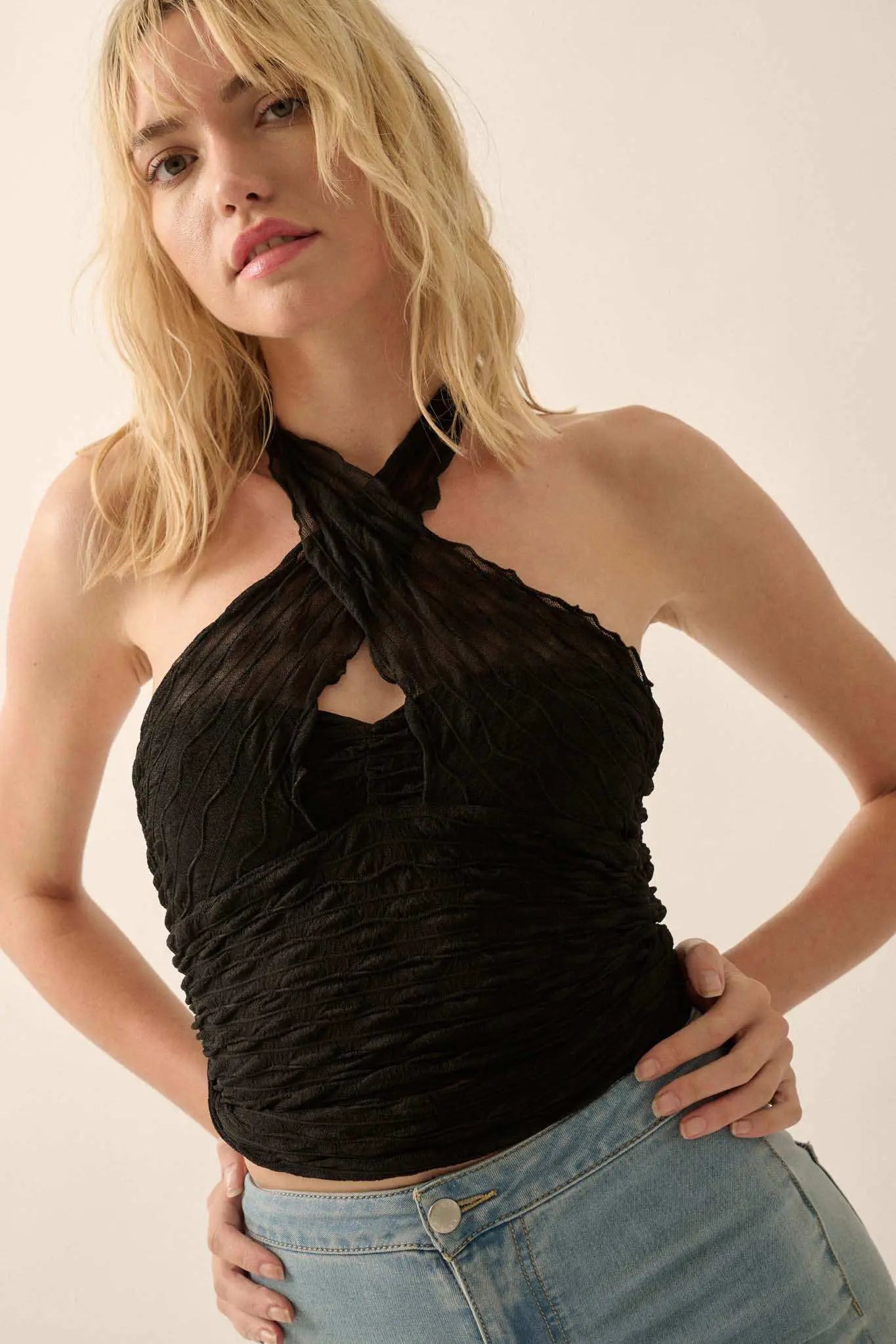 Shock Wave Ruched Mesh Cross-Front Wrap Halter Top