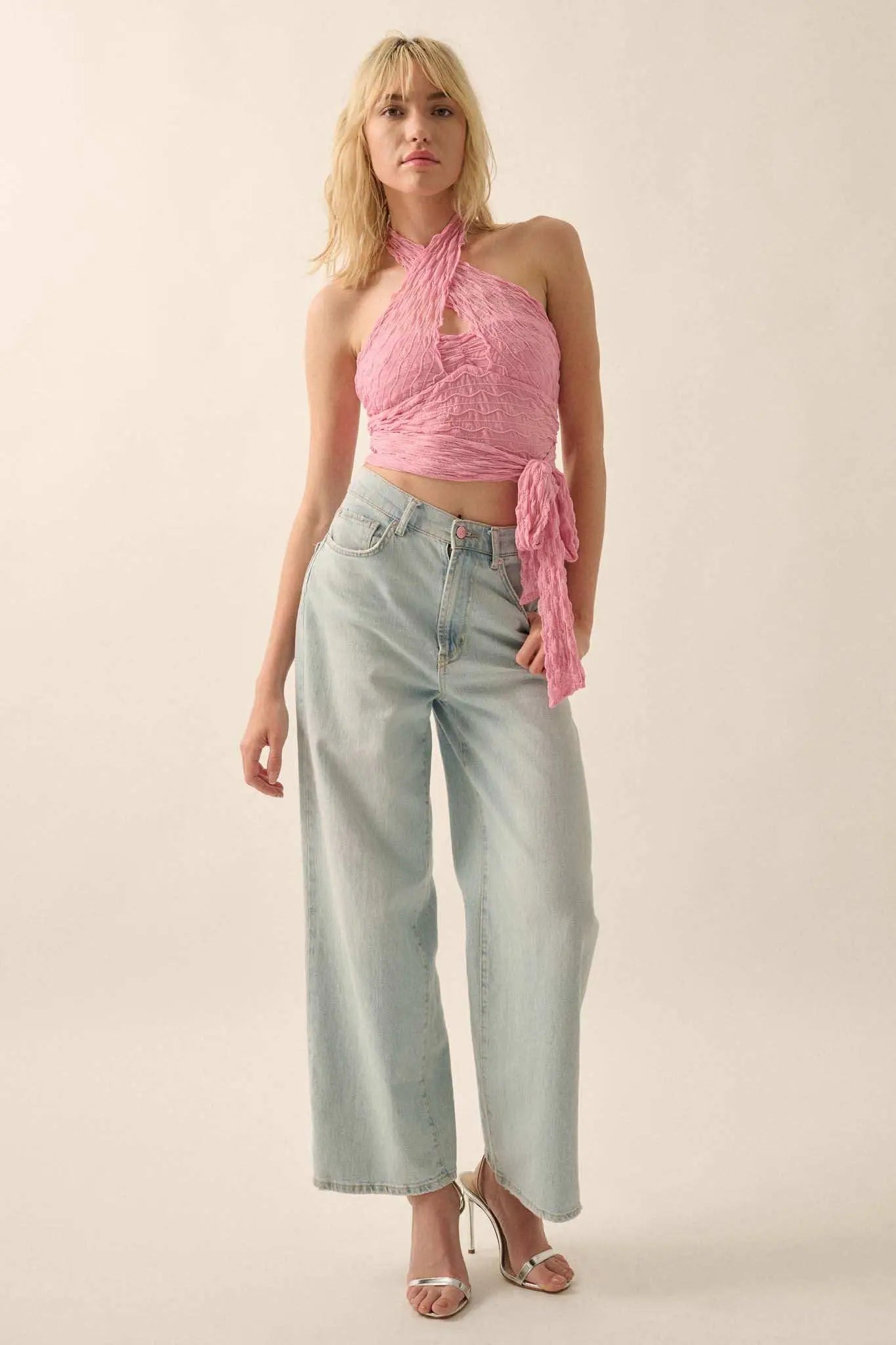 Shock Wave Ruched Mesh Cross-Front Wrap Halter Top