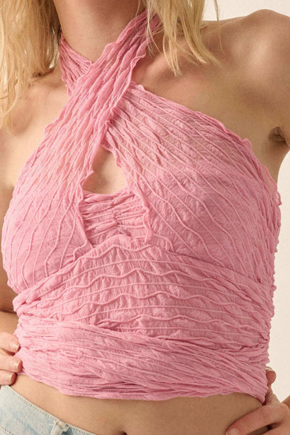 Shock Wave Ruched Mesh Cross-Front Wrap Halter Top