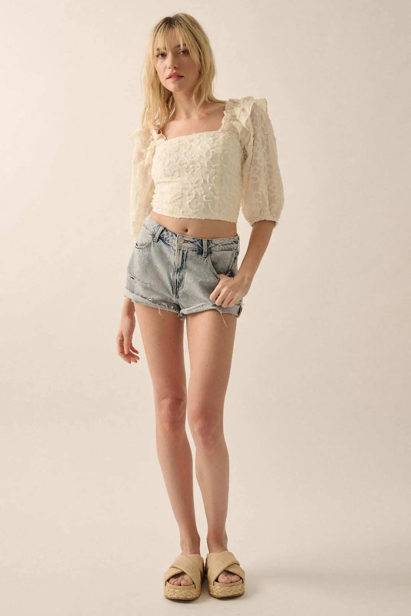 Sitting Pretty Floral Ribbon Lace Puff-Sleeve Top