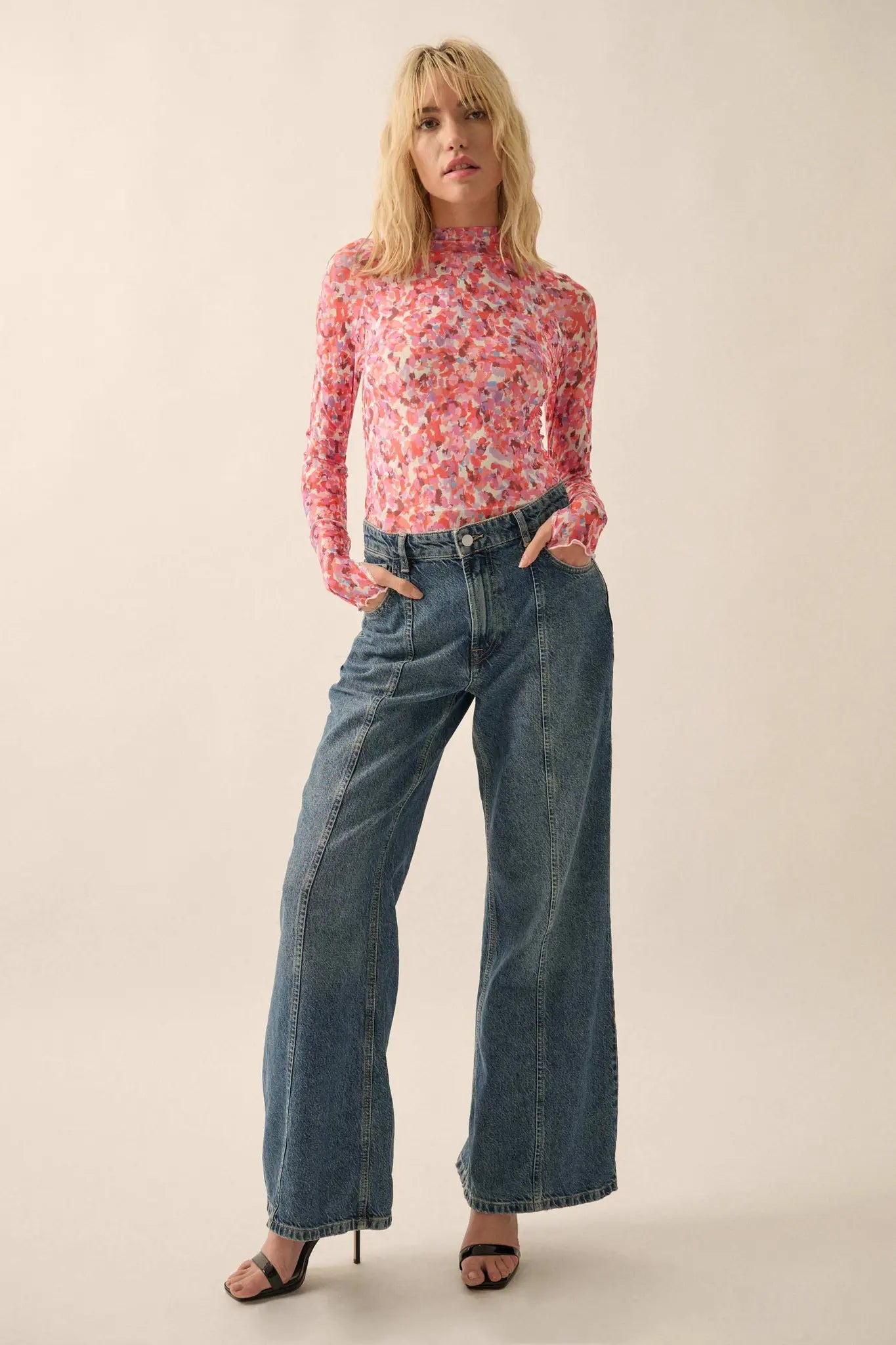 Color Pop Floral Mesh Mock-Neck Thumbhole Top