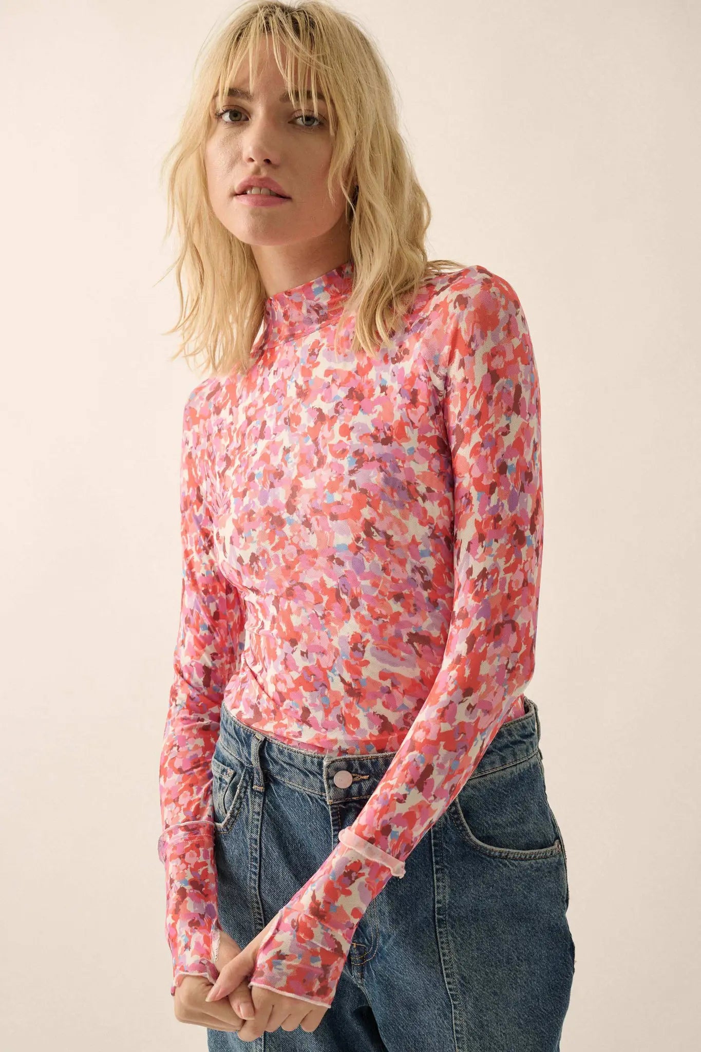 Color Pop Floral Mesh Mock-Neck Thumbhole Top