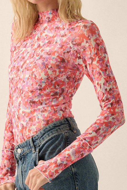 Color Pop Floral Mesh Mock-Neck Thumbhole Top