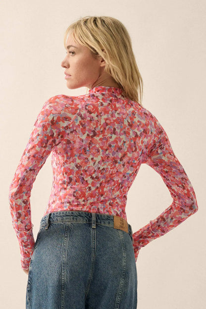Color Pop Floral Mesh Mock-Neck Thumbhole Top