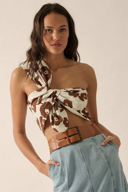 Playful Poppies Floral One-Shoulder Wrap Bandeau Top