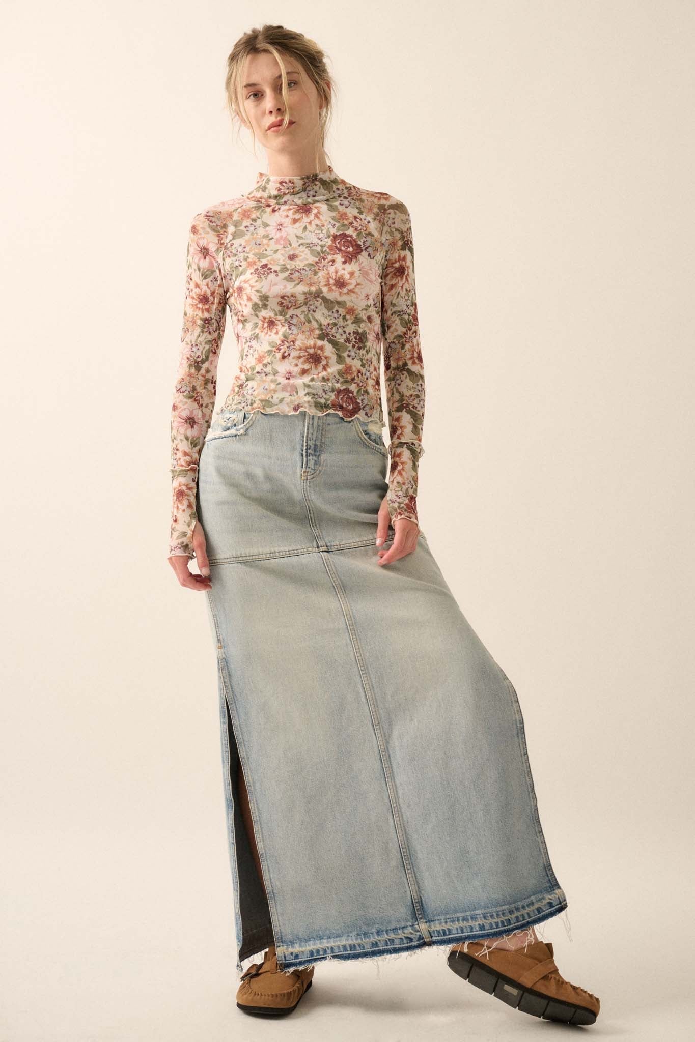 Blossom Forth Floral Mesh Mock-Neck Thumbhole Top