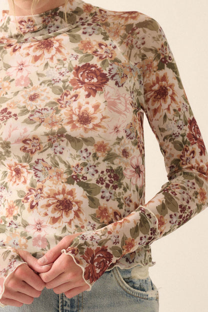 Blossom Forth Floral Mesh Mock-Neck Thumbhole Top