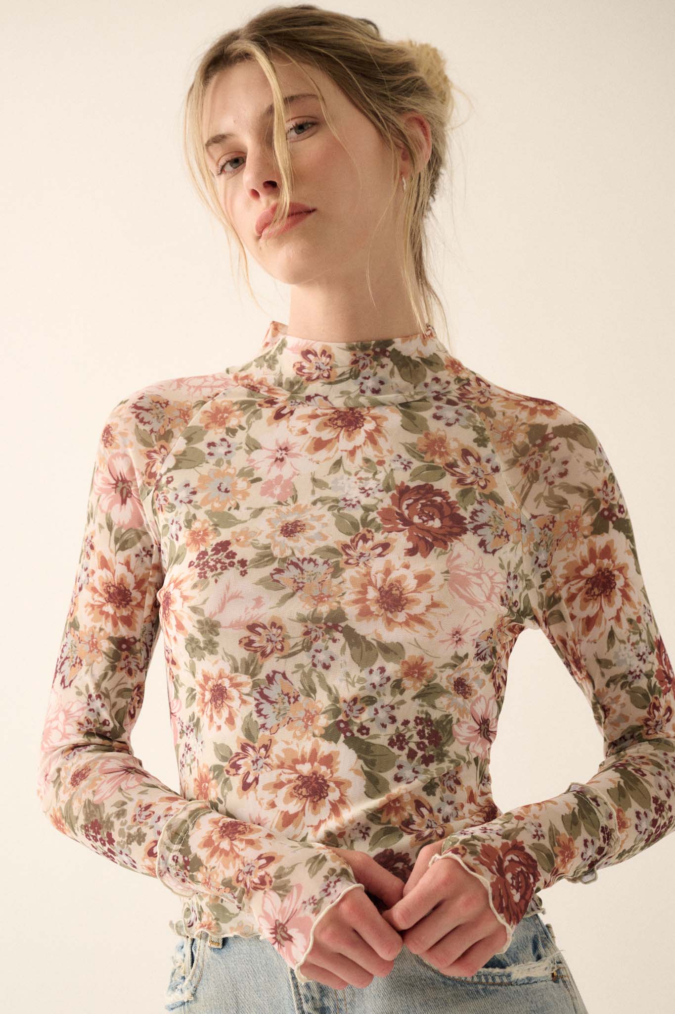 Blossom Forth Floral Mesh Mock-Neck Thumbhole Top