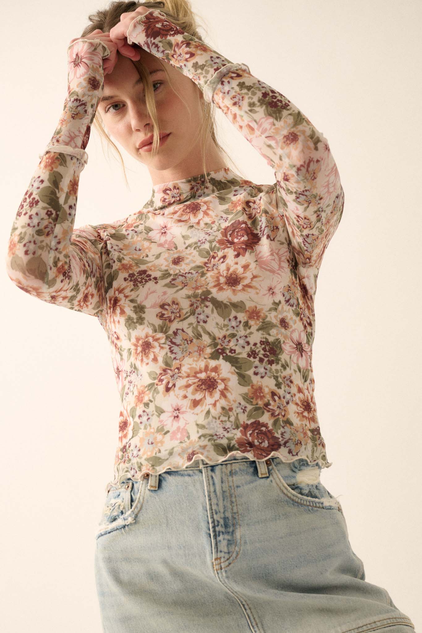 Blossom Forth Floral Mesh Mock-Neck Thumbhole Top