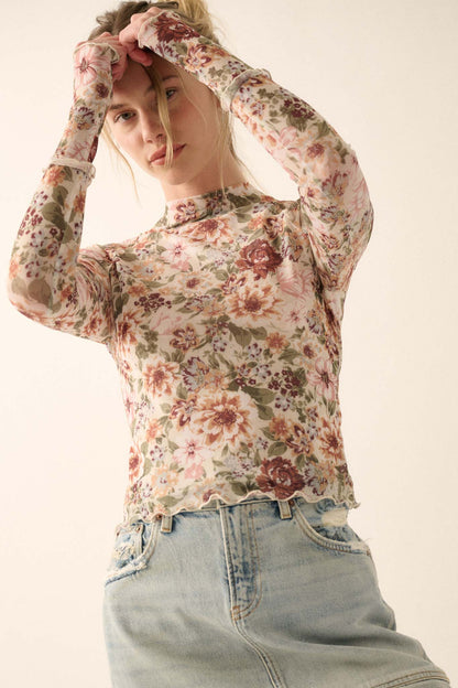 Blossom Forth Floral Mesh Mock-Neck Thumbhole Top