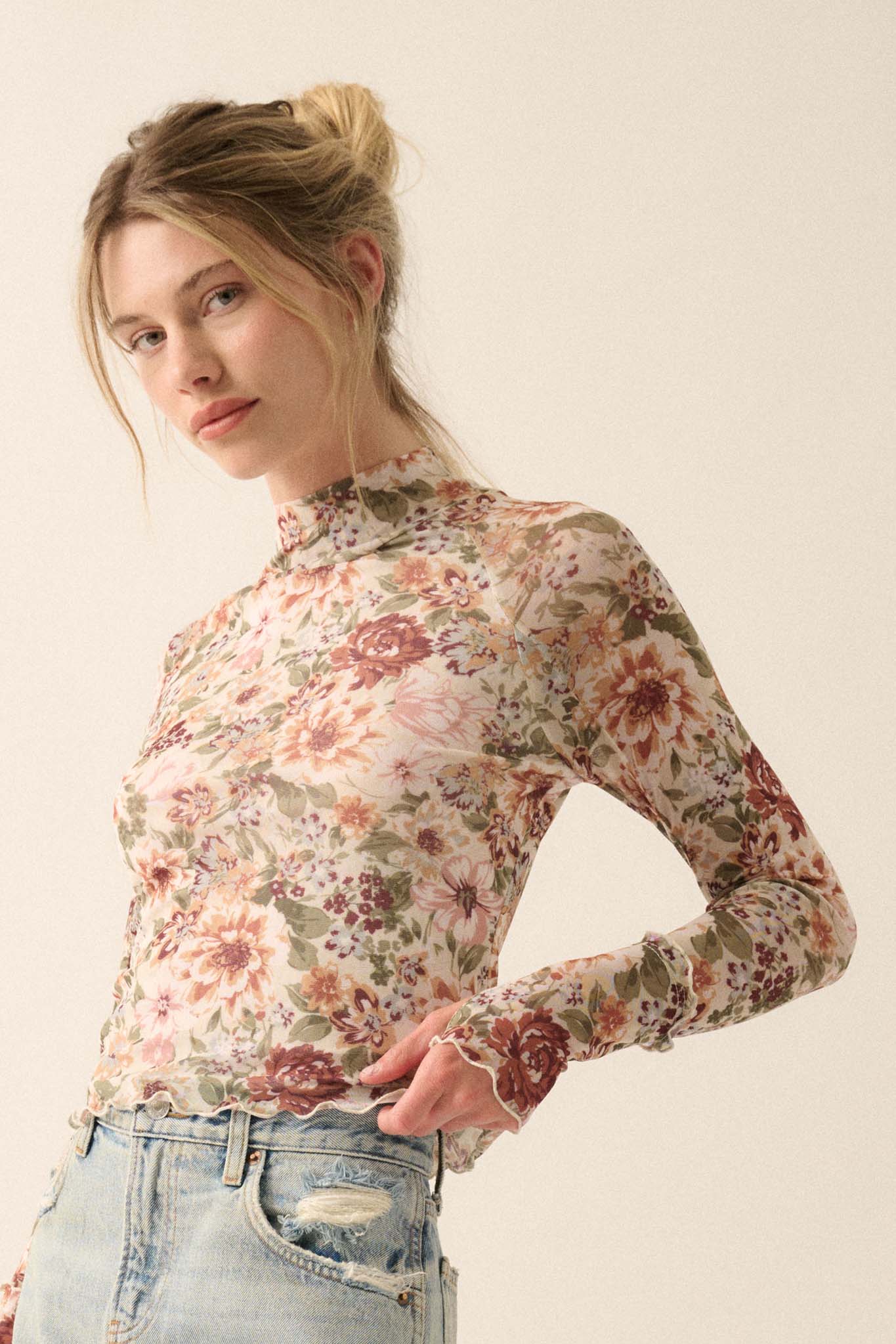 Blossom Forth Floral Mesh Mock-Neck Thumbhole Top