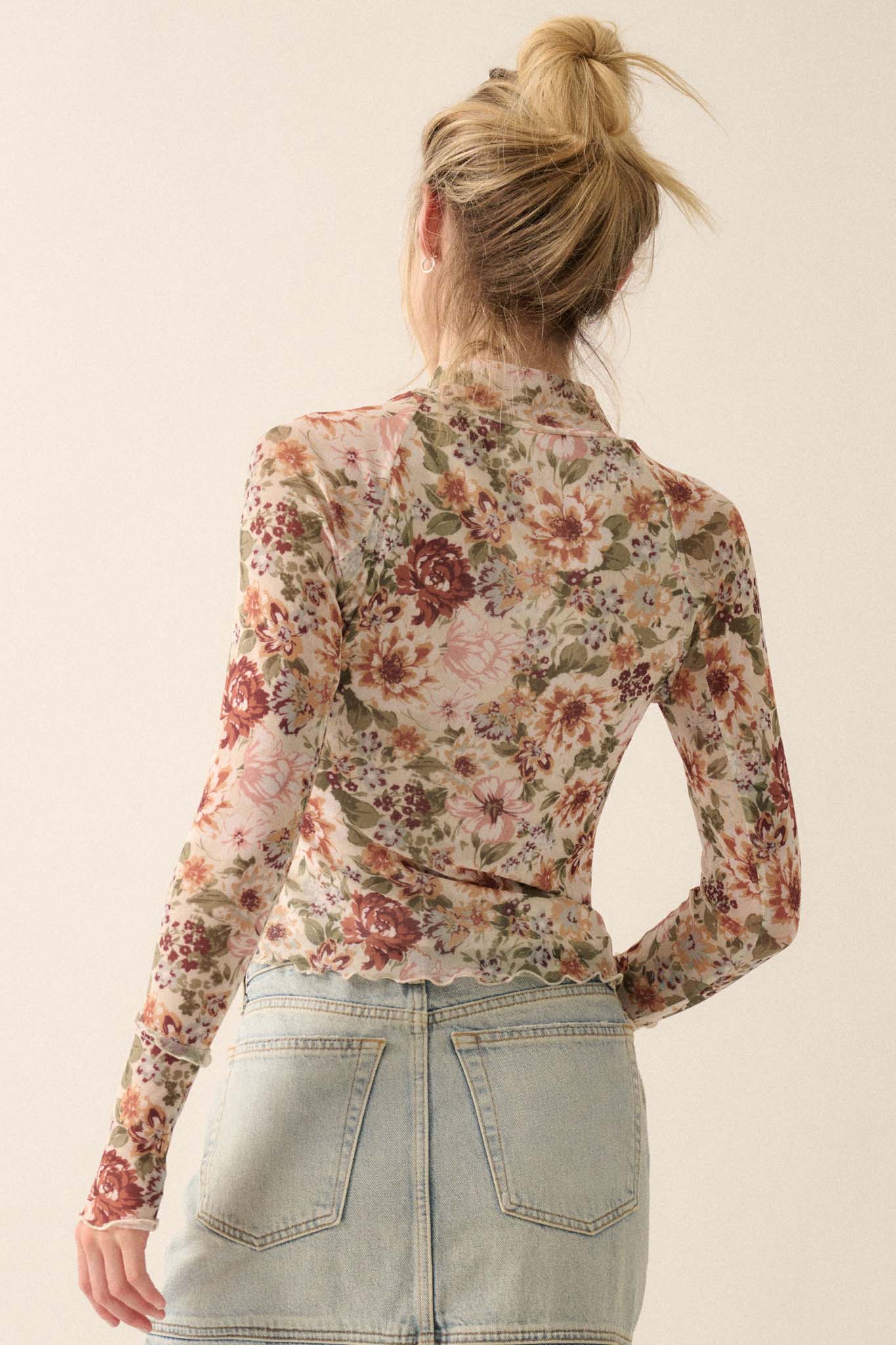 Blossom Forth Floral Mesh Mock-Neck Thumbhole Top