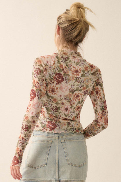 Blossom Forth Floral Mesh Mock-Neck Thumbhole Top