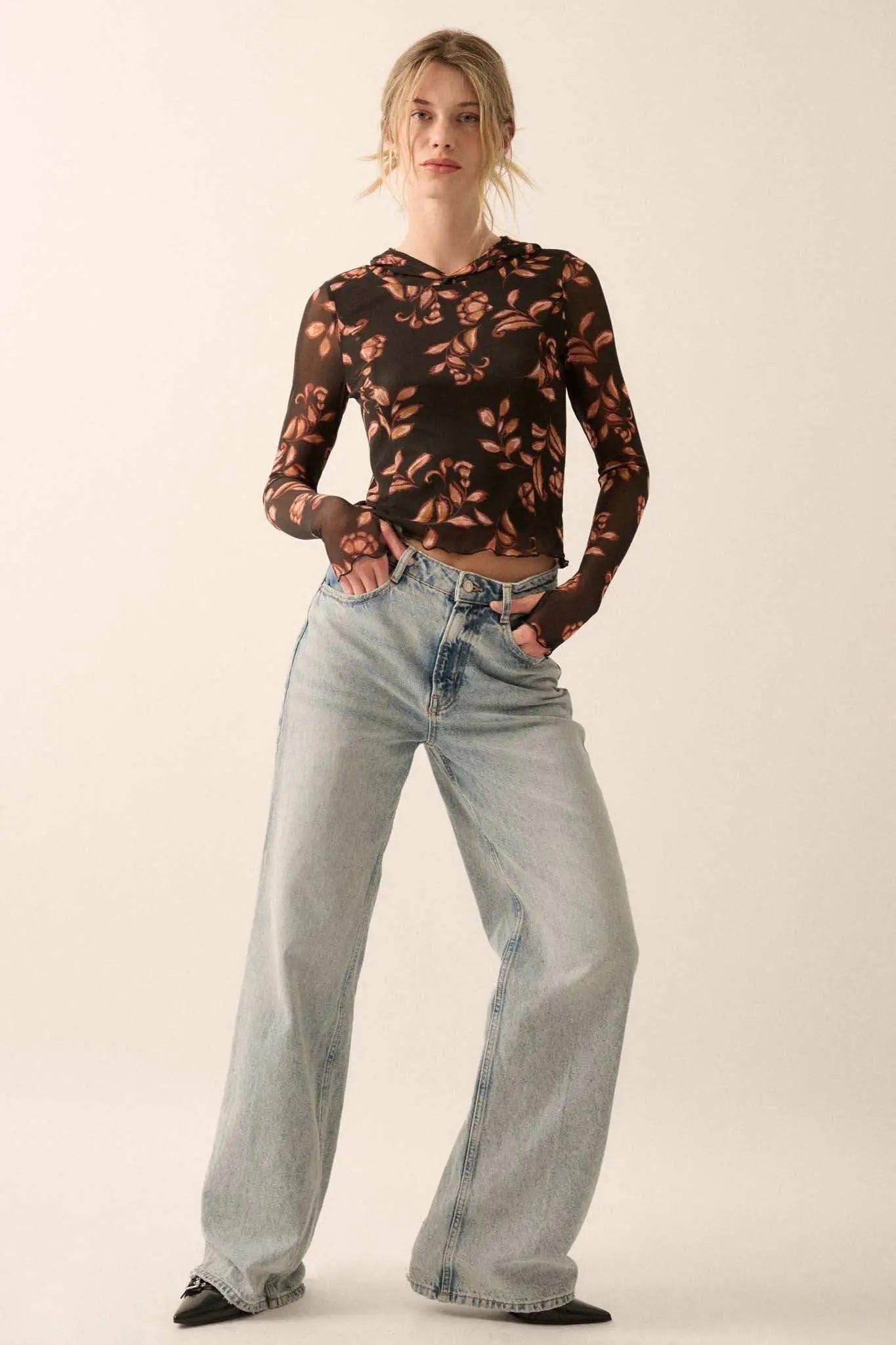 Fantastic Fall Floral Mesh Hooded Thumbhole Top