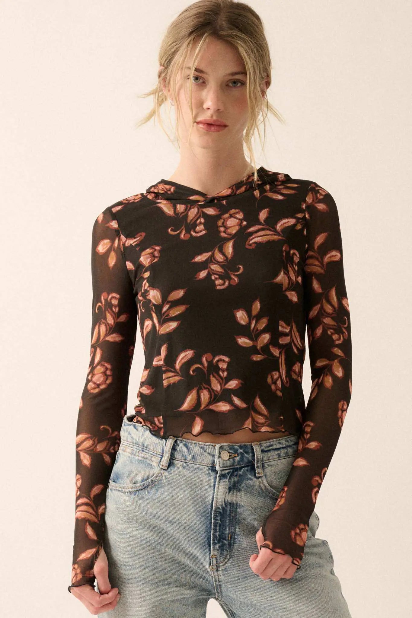 Fantastic Fall Floral Mesh Hooded Thumbhole Top
