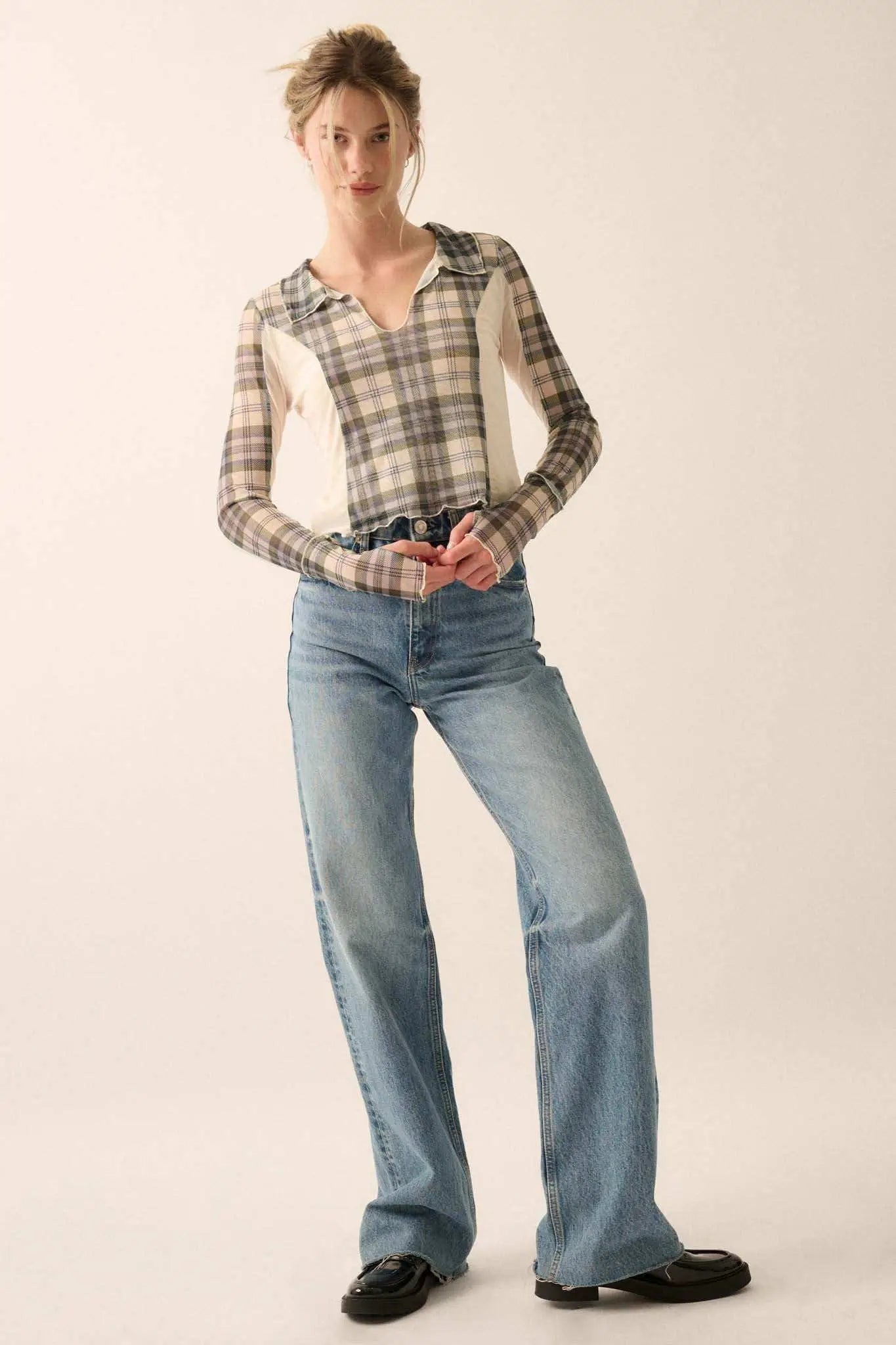 Plaid Habits Colorblock Mesh Thumbhole Top