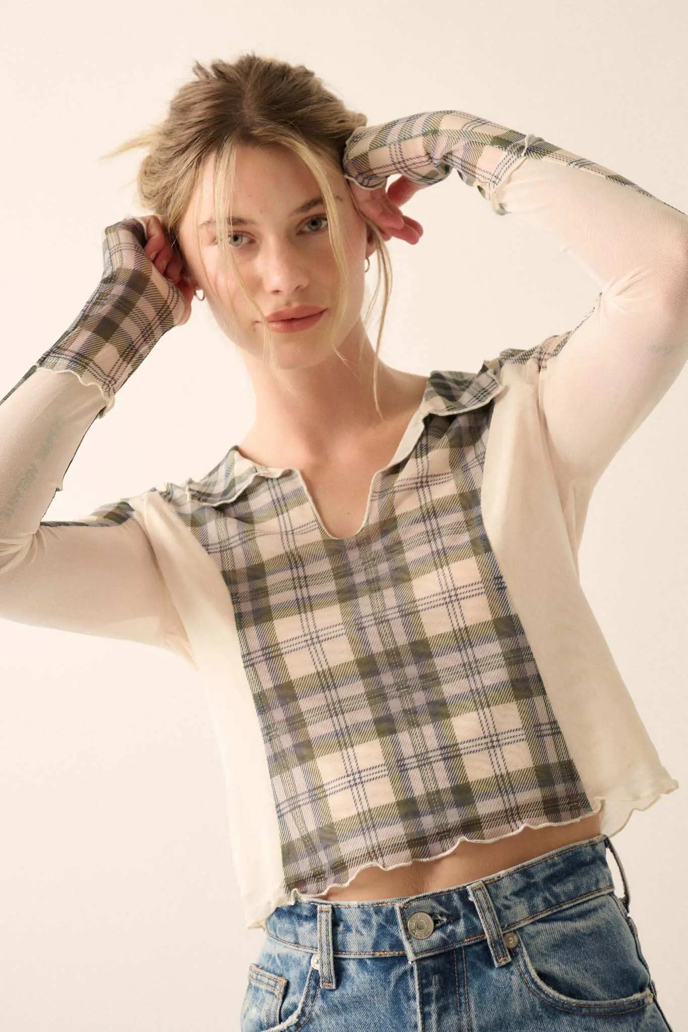 Plaid Habits Colorblock Mesh Thumbhole Top