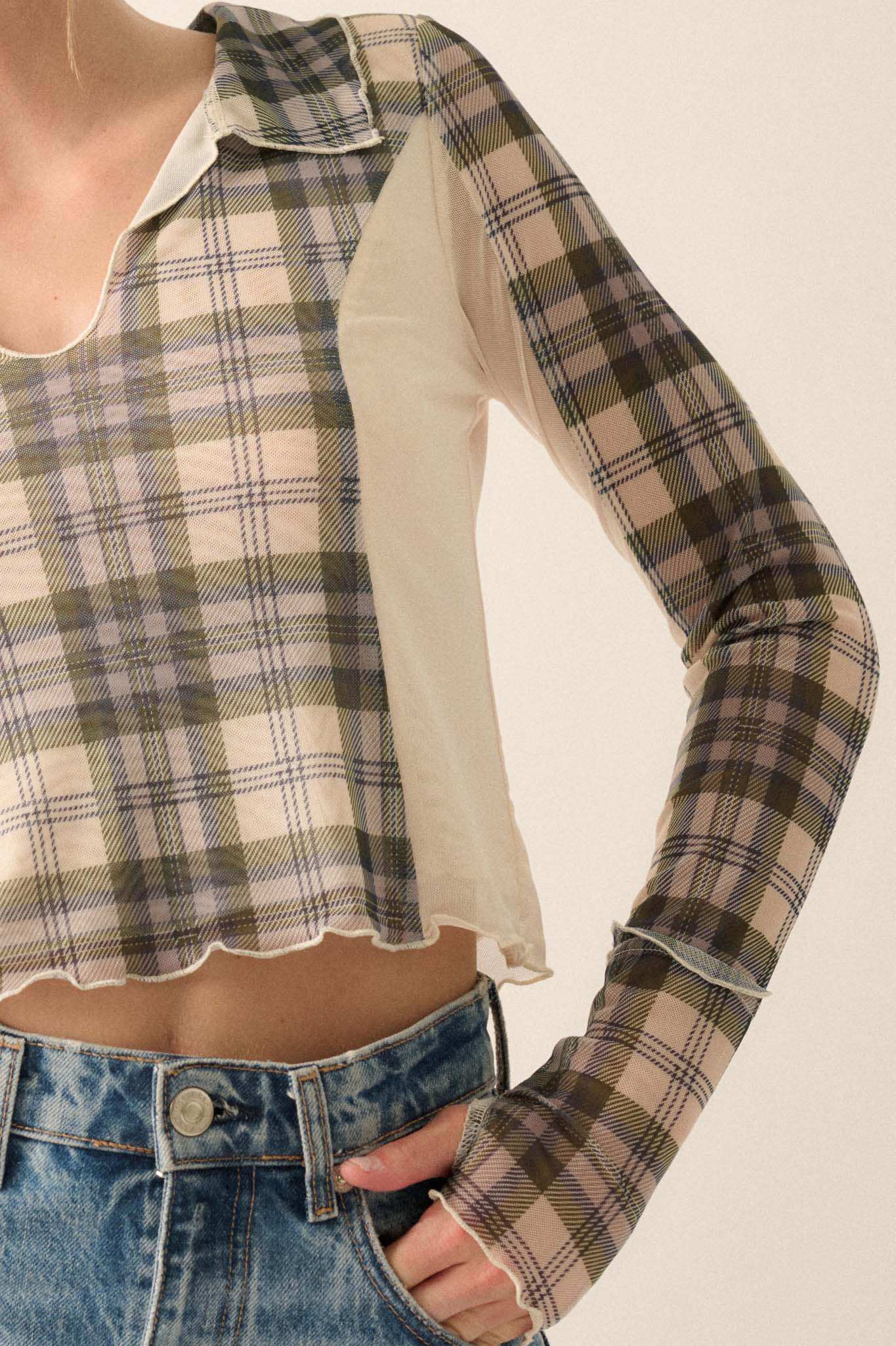 Plaid Habits Colorblock Mesh Thumbhole Top