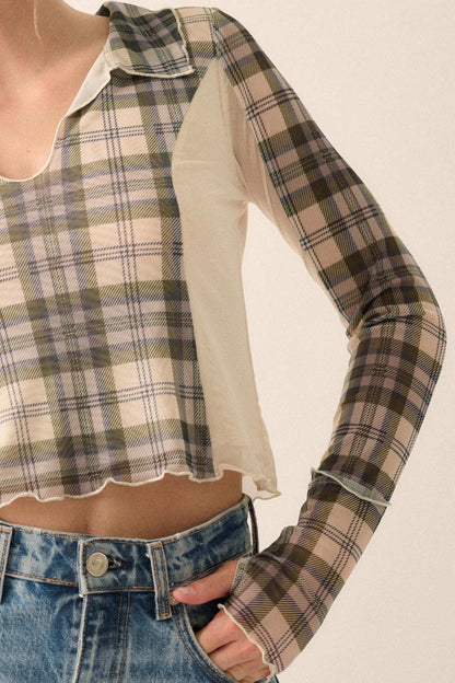 Plaid Habits Colorblock Mesh Thumbhole Top