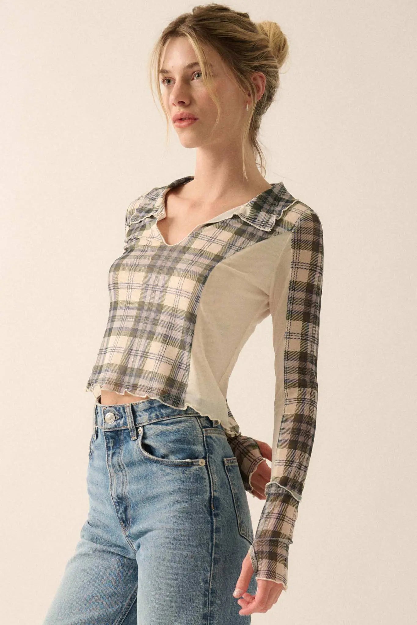 Plaid Habits Colorblock Mesh Thumbhole Top