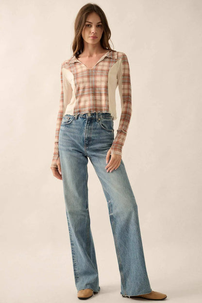 Plaid Habits Colorblock Mesh Thumbhole Top