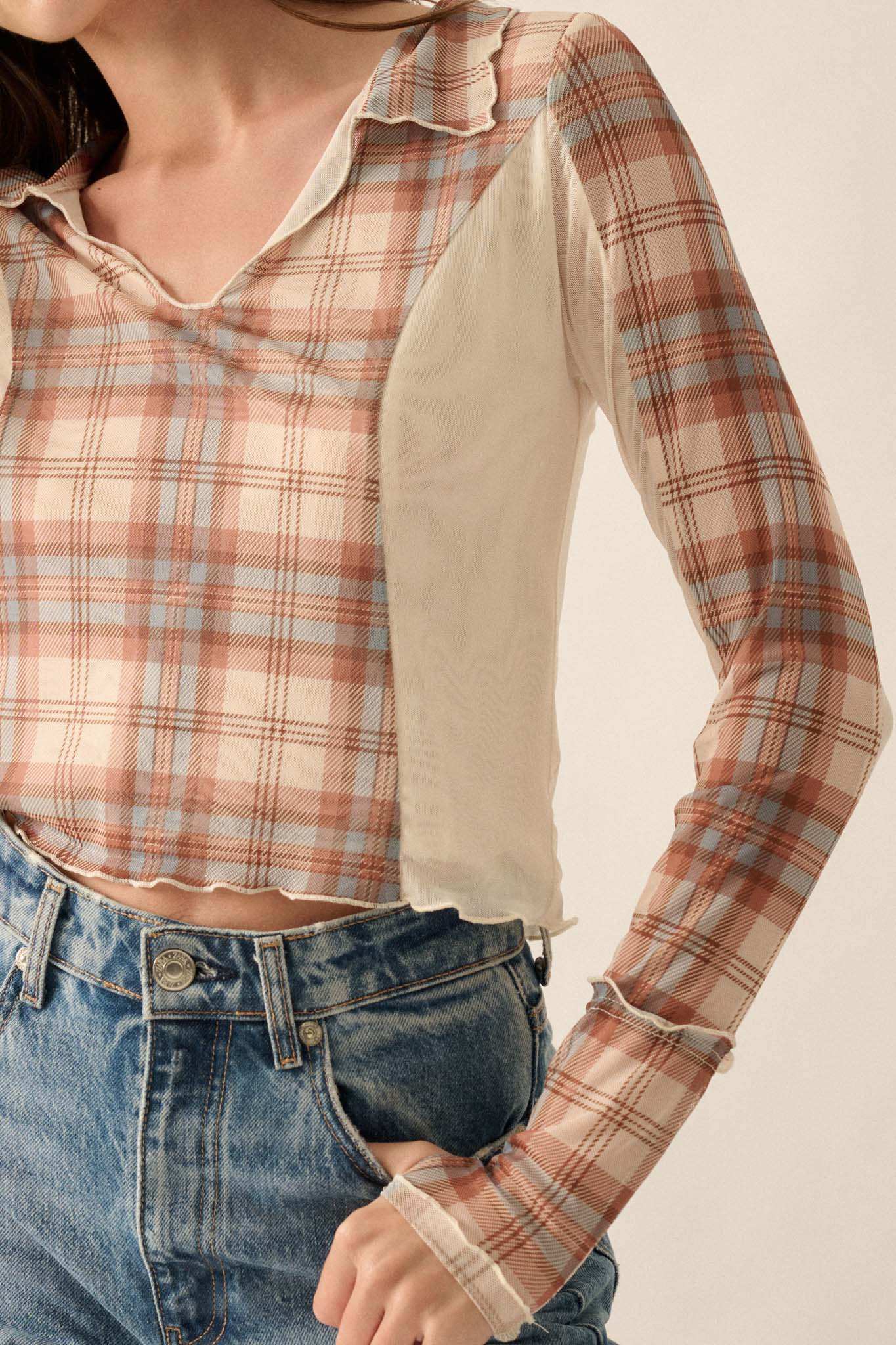 Plaid Habits Colorblock Mesh Thumbhole Top
