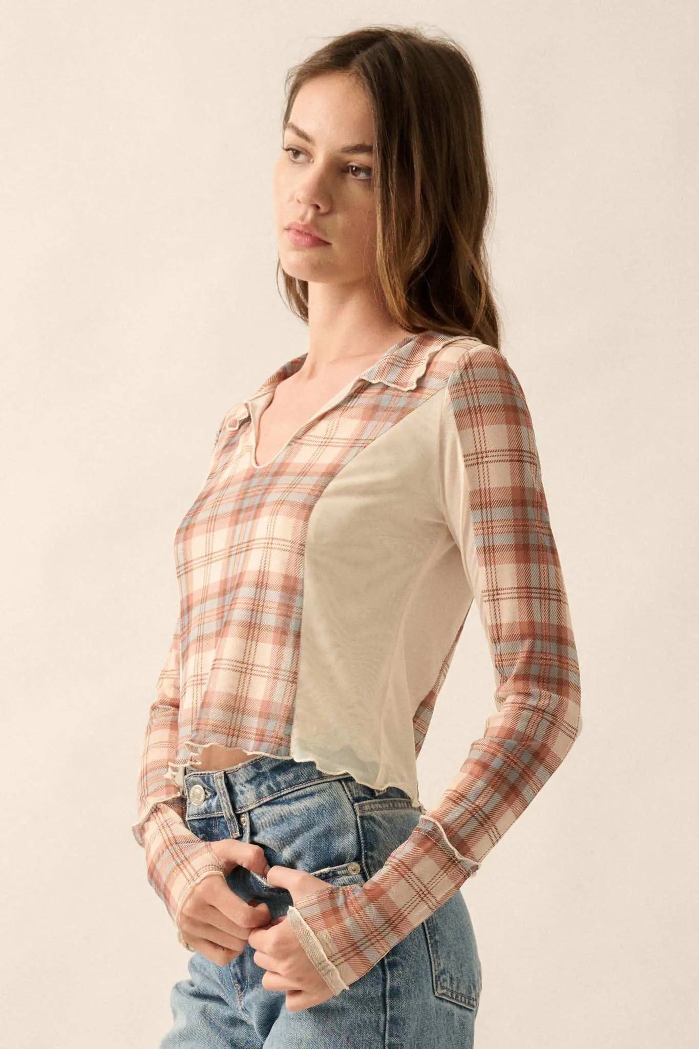 Plaid Habits Colorblock Mesh Thumbhole Top