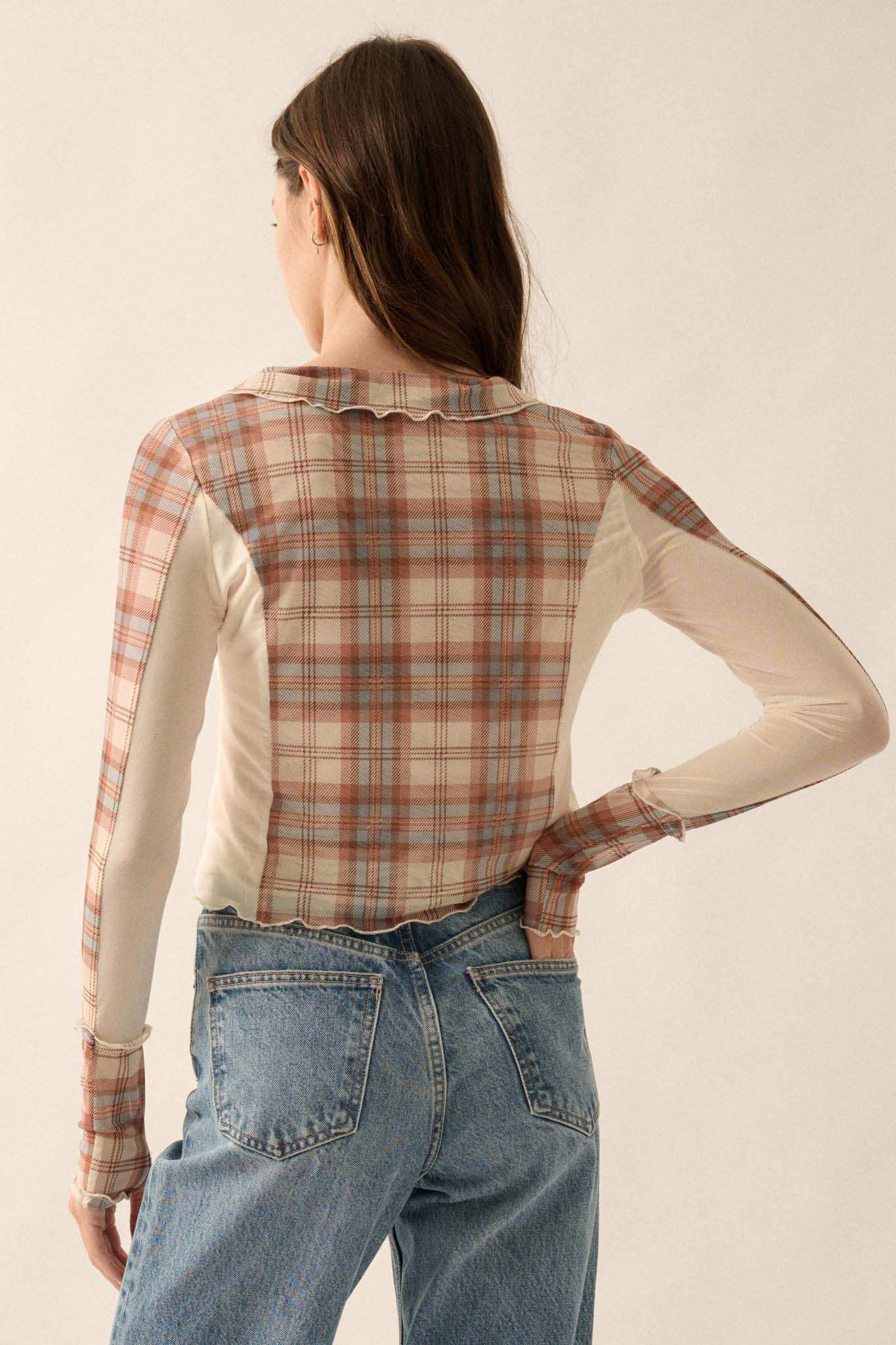 Plaid Habits Colorblock Mesh Thumbhole Top